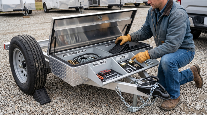 Organized trailer tongue toolbox with labeled zones for safety chains, cables, chocks, locks, and small tools, supporting faster setup and safer daily workflow